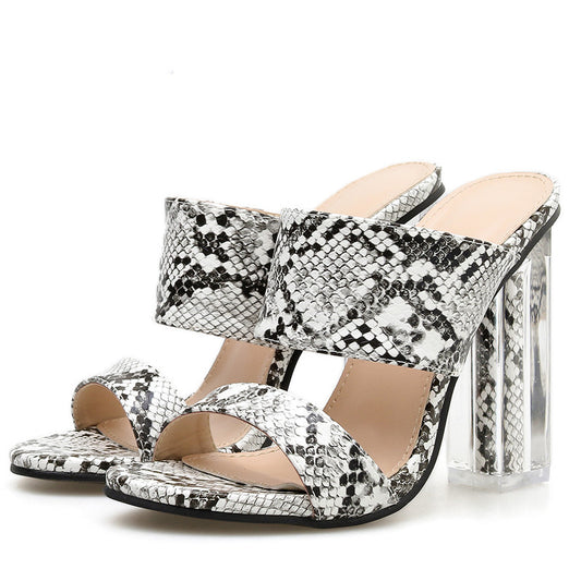 Crystal high heel snake print sandals. women shoes