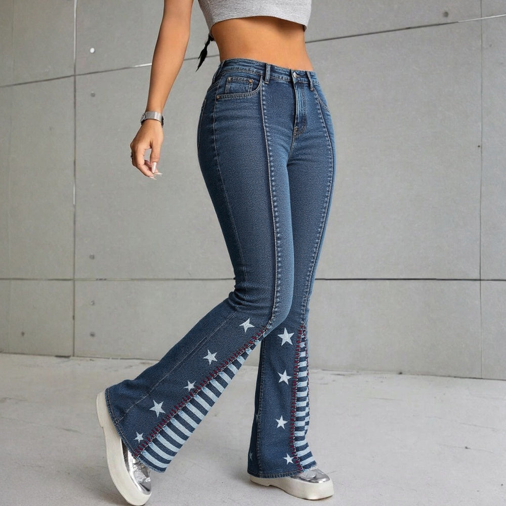 High Waisted Star Patchwork Flare Pants. 4th Of July Outfits For Women, Bell Bottom Denim Pants, Slim Fit Curve Enhancing Soft Stretch Fabric
