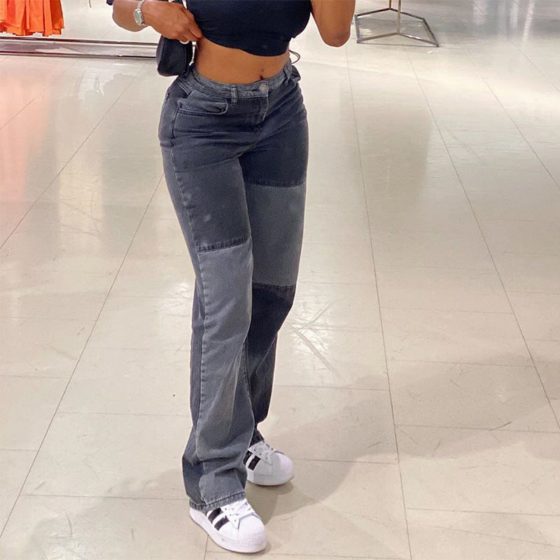 Gray And Black Contrast Stitching Hip-Hop Street Style Jeans Women