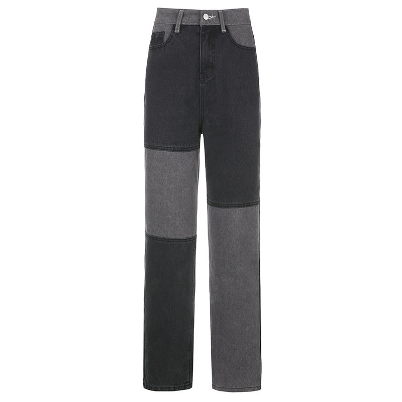 Gray And Black Contrast Stitching Hip-Hop Street Style Jeans Women