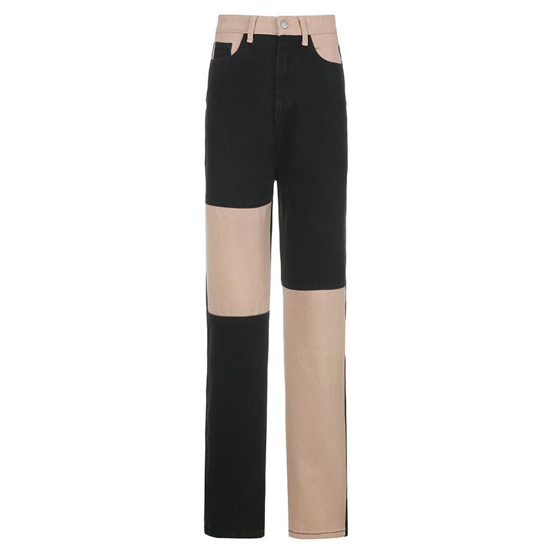 Gray And Black Contrast Stitching Hip-Hop Street Style Jeans Women
