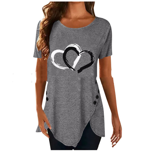 Love Print Irregular Button Short Sleeved  T shirt