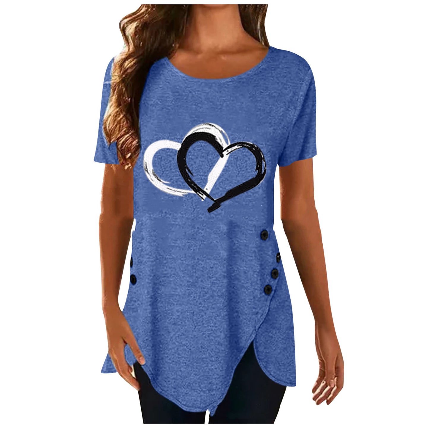 Love Print Irregular Button Short Sleeved  T shirt