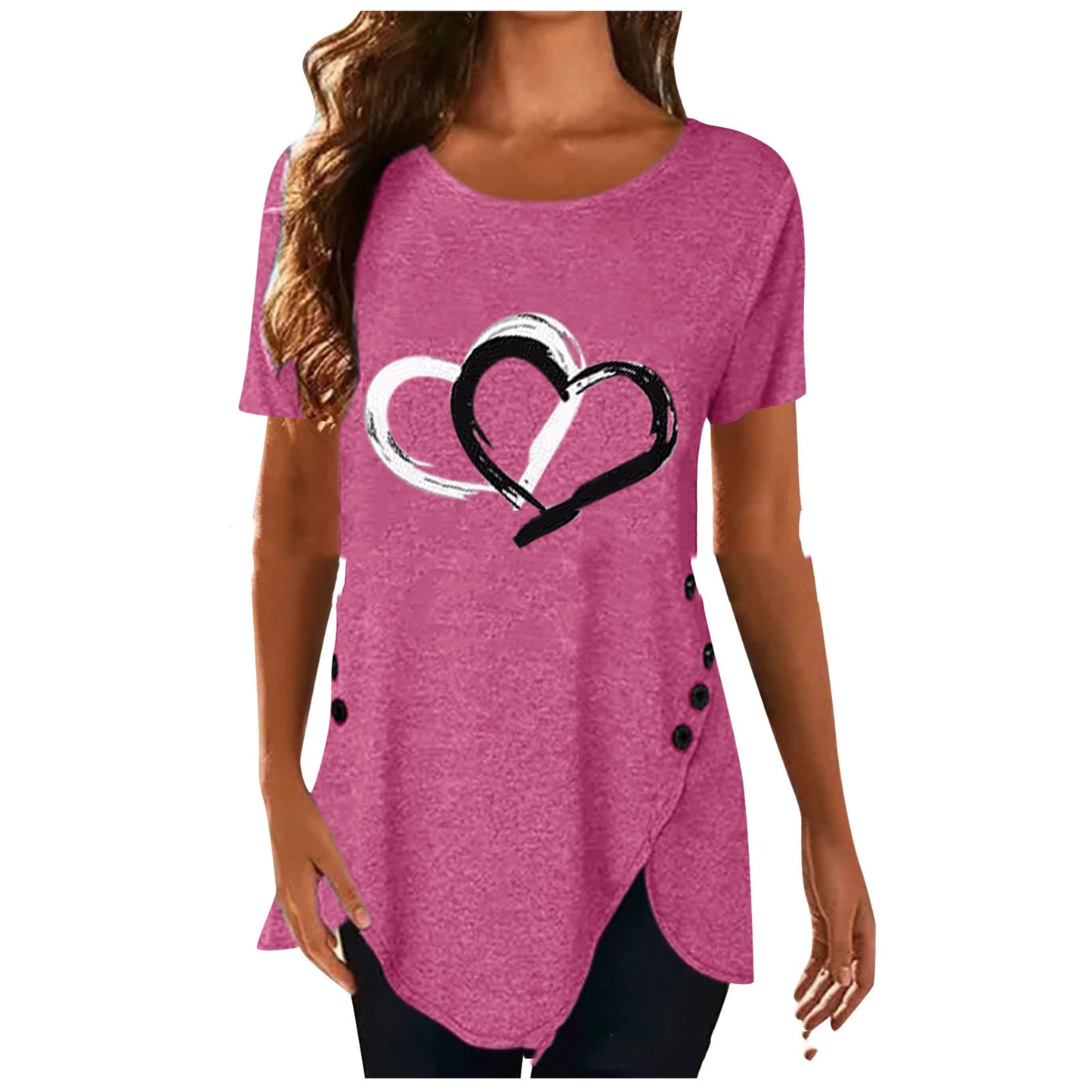 Love Print Irregular Button Short Sleeved  T shirt