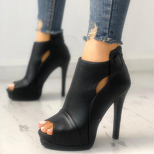 Women Hollow Square Heel Office Shoes. Platform Breathable Boots