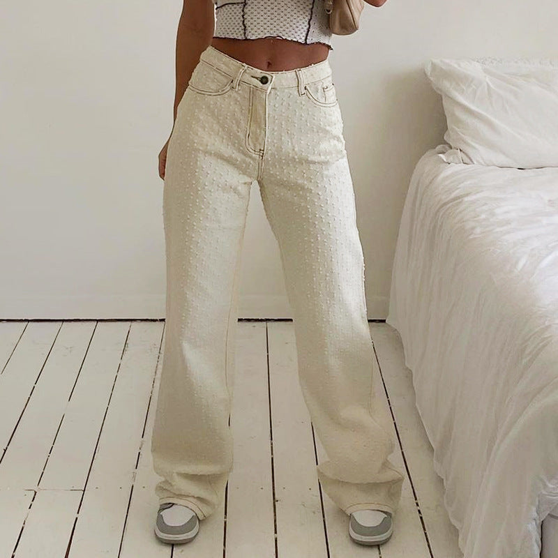 New Women Street Wear Ripped Texture Wide-Leg Jean Pants