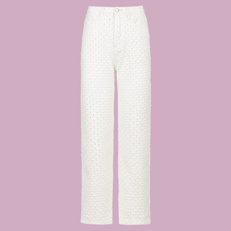 New Women Street Wear Ripped Texture Wide-Leg Jean Pants