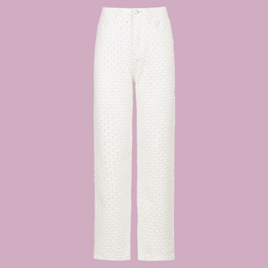 New Women Street Wear Ripped Texture Wide-Leg Jean Pants