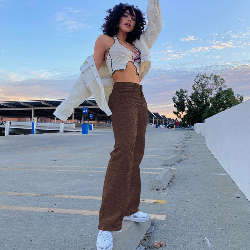 New Women Street Wear Ripped Texture Wide-Leg Jean Pants