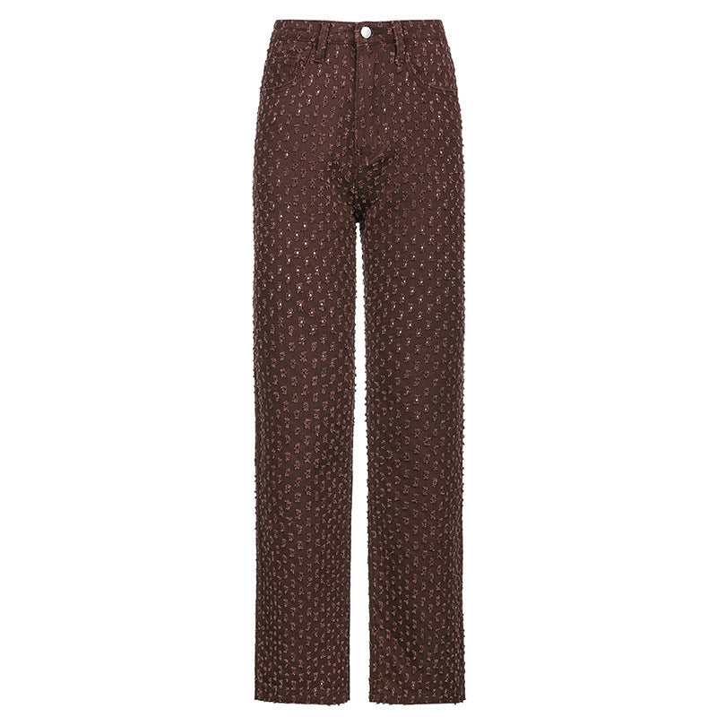 New Women Street Wear Ripped Texture Wide-Leg Jean Pants