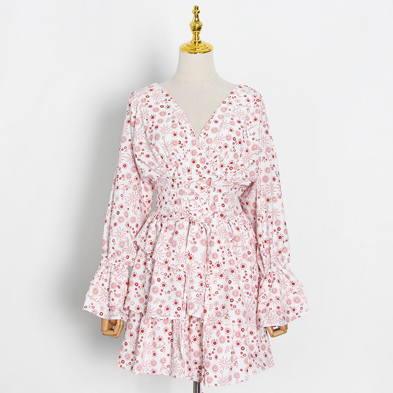 European And American Fashion Sexy Deep V-neck Solid Color Waist Slimming Dress