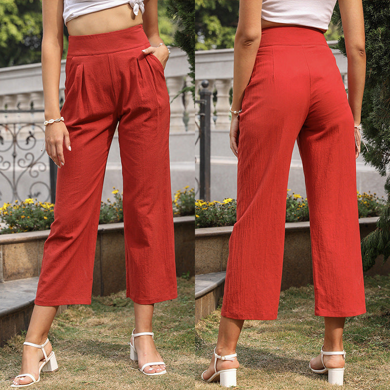 Cropped High Waist Solid Color Pocket Wide Leg Pants