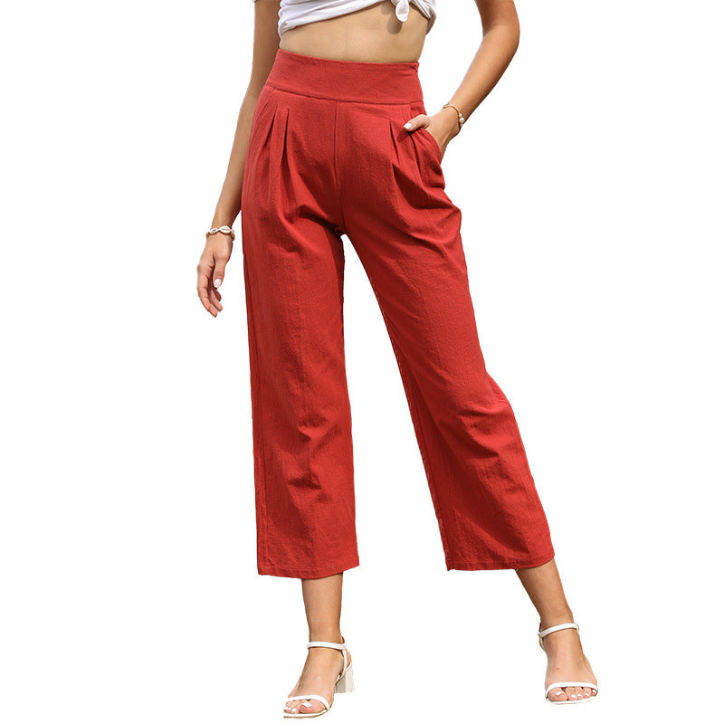 Cropped High Waist Solid Color Pocket Wide Leg Pants