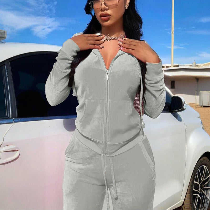 2-piece Zip Pocket Drawstring Hooded Crop Top & Slim Fit Pocket Pants - Ribbed Detail Casual Outfit for women