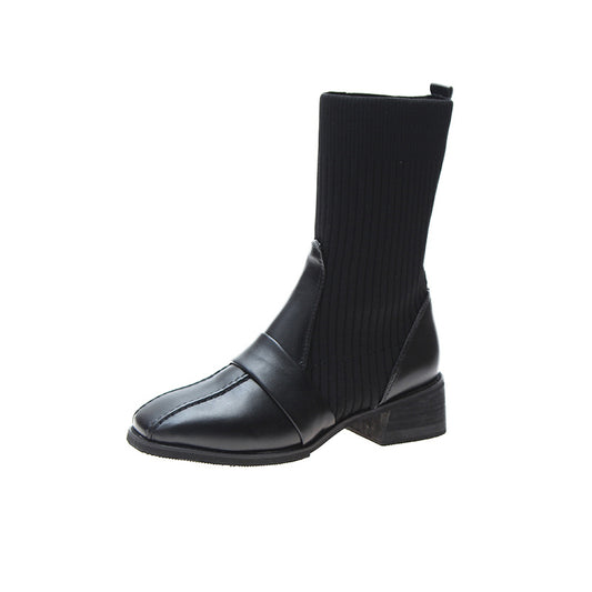 British Style Square Toe Mid-tube Knitted Martin Women Boots