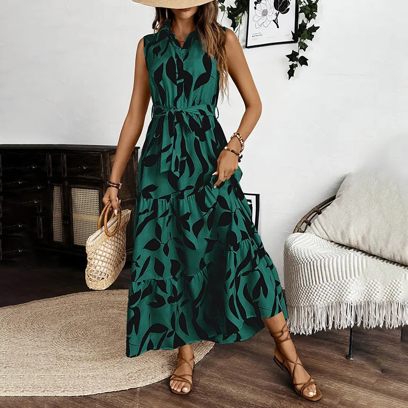 Women Sleeveless Boho Floral Maxi Dress. Summer V Neck Flowy Belted Beach Vacation Dresses