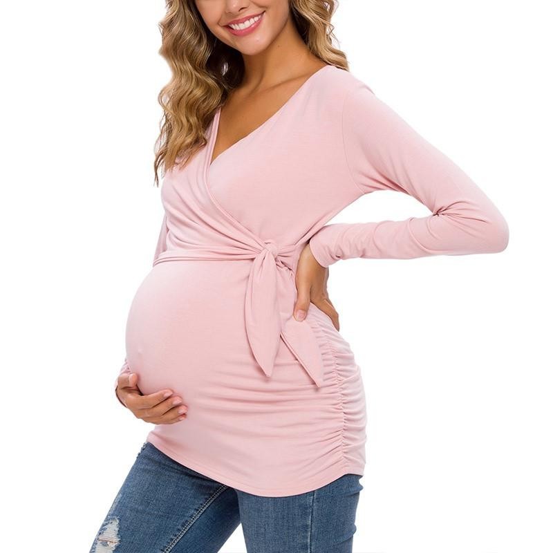 Long Sleeve V Neck Maternity Blouses and Tops