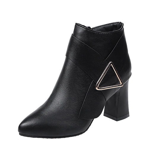 High heels pointed toe all-match solid color leather boots