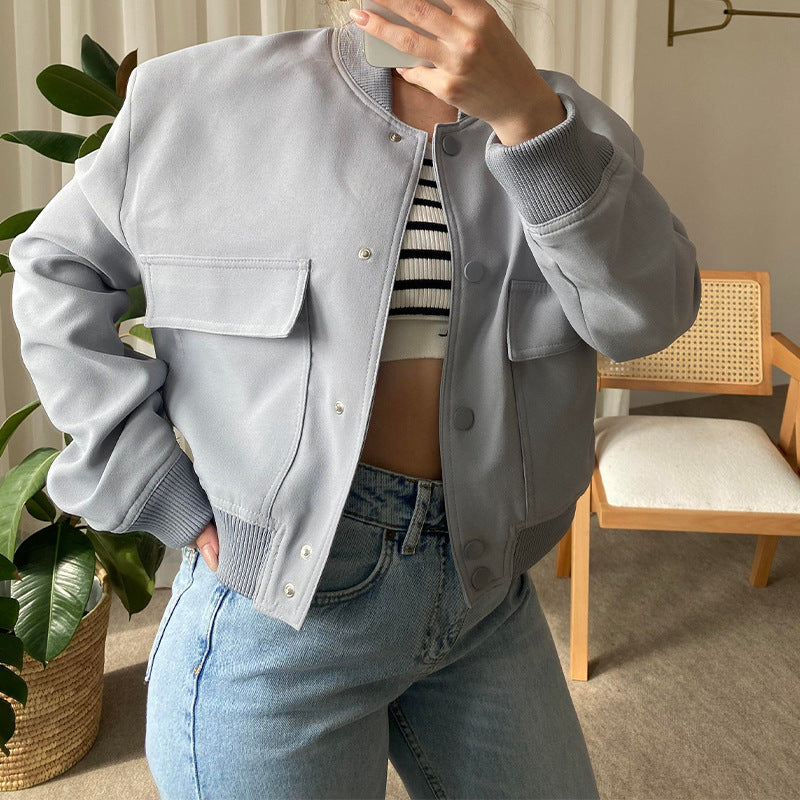 Fashion Button Stand-collar Jacket With Big Pockets. Casual Loose Short Outwear Tops Coat For Women