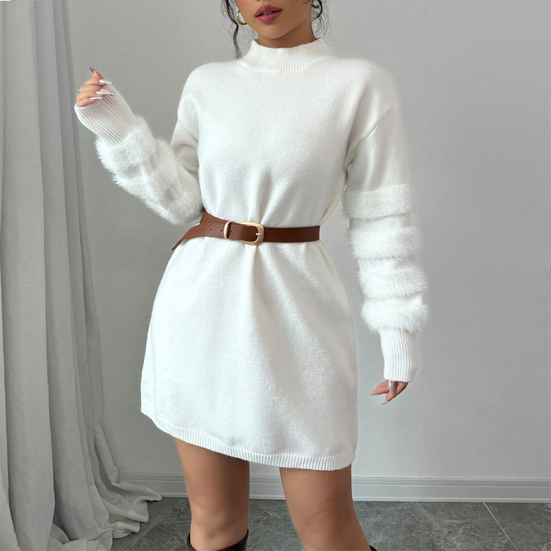 Women's Plush Long Sleeve Mini Dress, Solid Color A-Line Fitted Dress, With Faux Fur Trim For Winter Parties