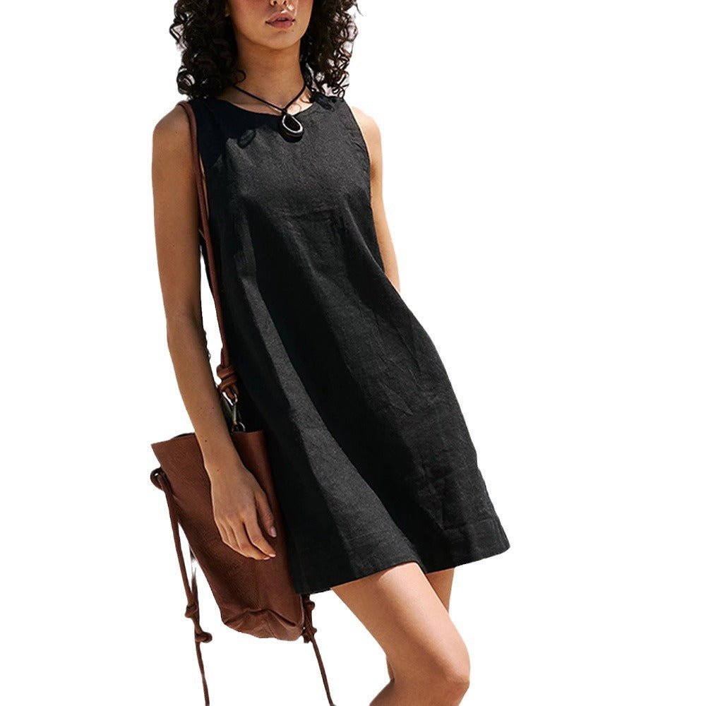 Women's Cotton Linen Vest Dress, Backless Solid Color Mini Dress
