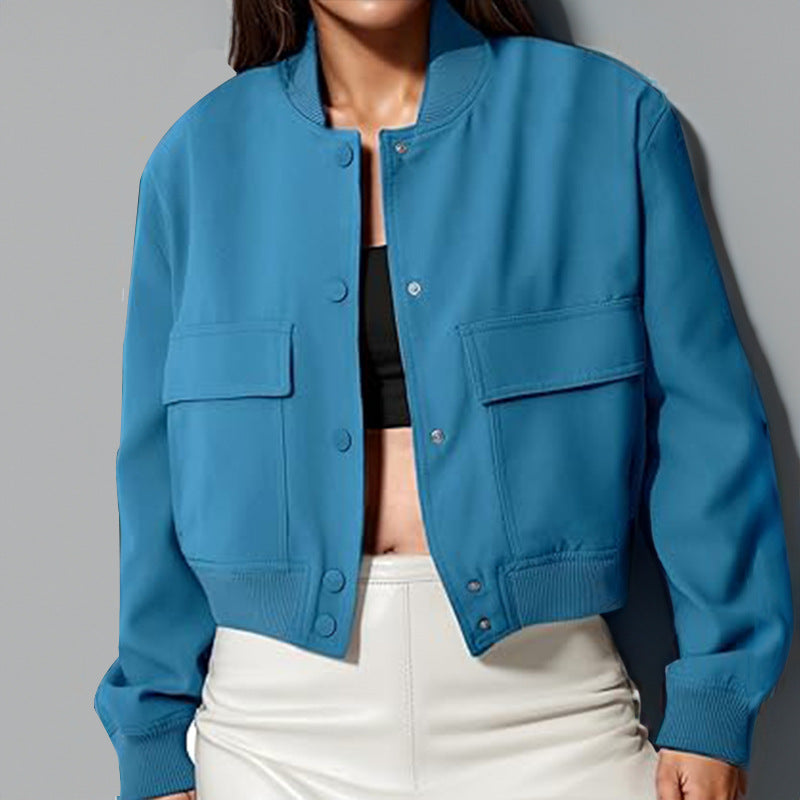 Fashion Button Stand-collar Jacket With Big Pockets. Casual Loose Short Outwear Tops Coat For Women