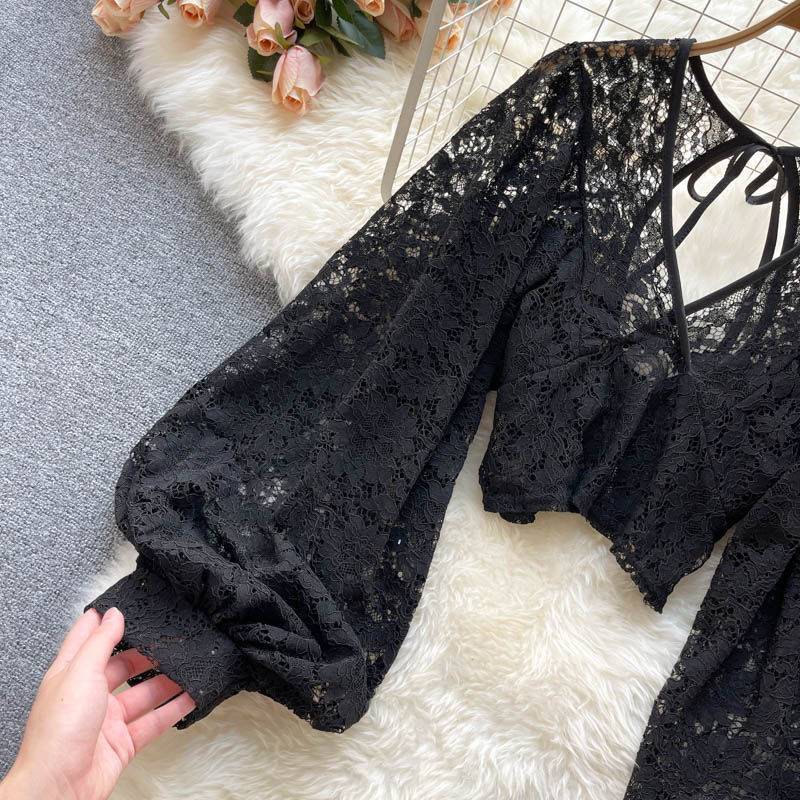 Solid Color Elegant V-Net Lantern Sleeve Lace Top - Sheer Back Tie Detail Women's Fashion Blouse
