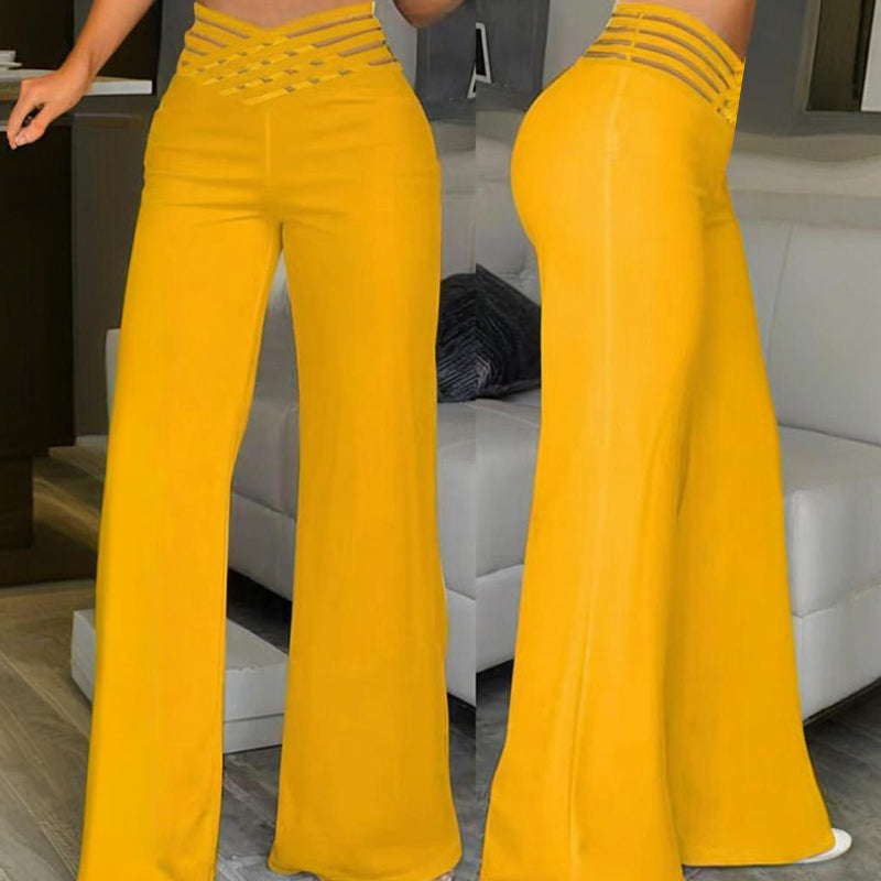 Women's Transparent Mesh Patchwork High Waist Pants. With Elegant Cross Detail, Solid Color Fashion Trousers