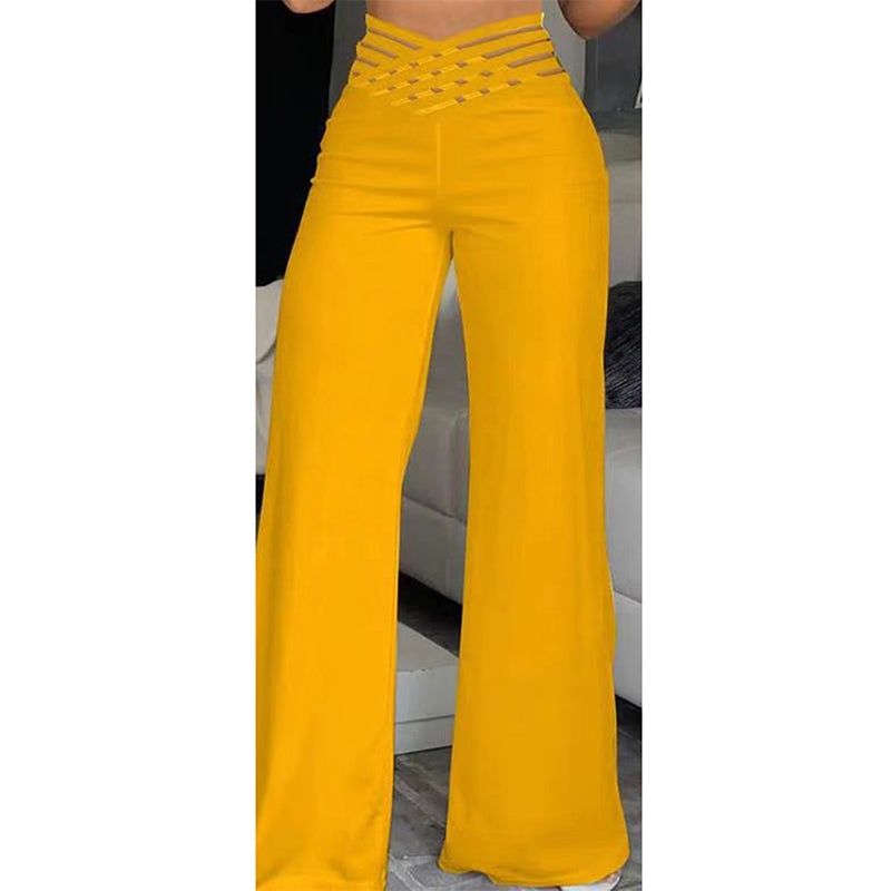 Women's Transparent Mesh Patchwork High Waist Pants. With Elegant Cross Detail, Solid Color Fashion Trousers