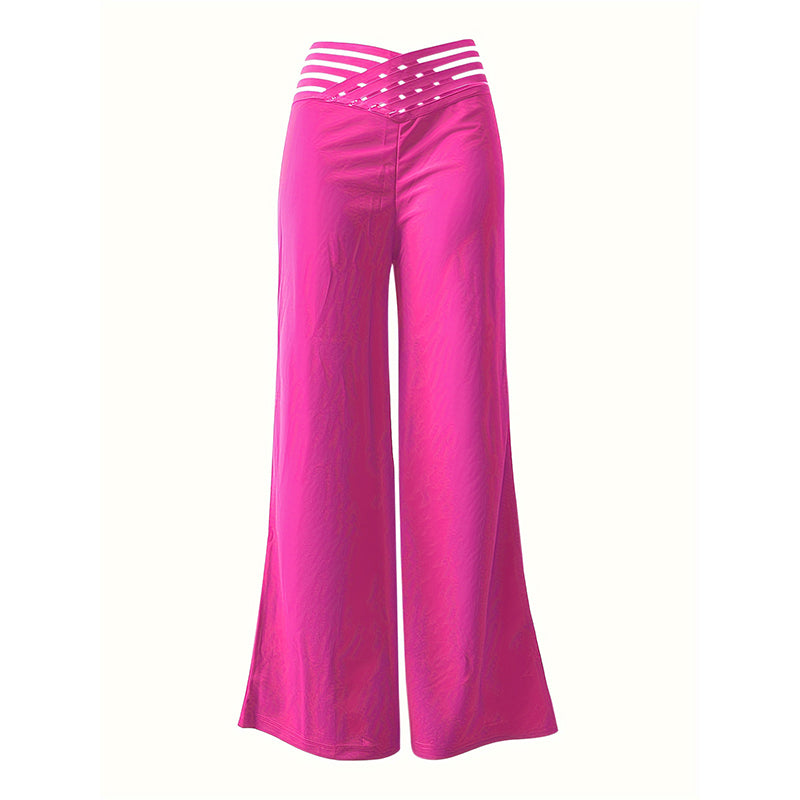 Women's Transparent Mesh Patchwork High Waist Pants. With Elegant Cross Detail, Solid Color Fashion Trousers