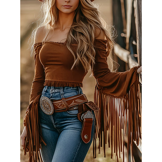 Women's Cowgirl  Fringe Trim Tops. Sexy Off Shoulder Long Sleeve T Shirts Tassel Blouse