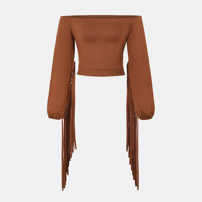 Women's Cowgirl  Fringe Trim Tops. Sexy Off Shoulder Long Sleeve T Shirts Tassel Blouse