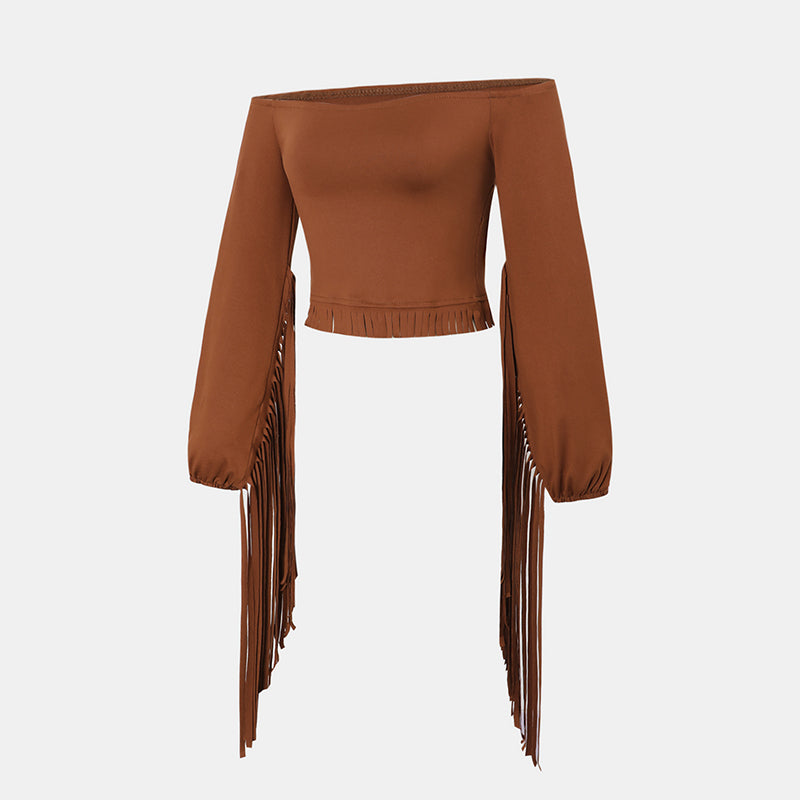Women's Cowgirl  Fringe Trim Tops. Sexy Off Shoulder Long Sleeve T Shirts Tassel Blouse