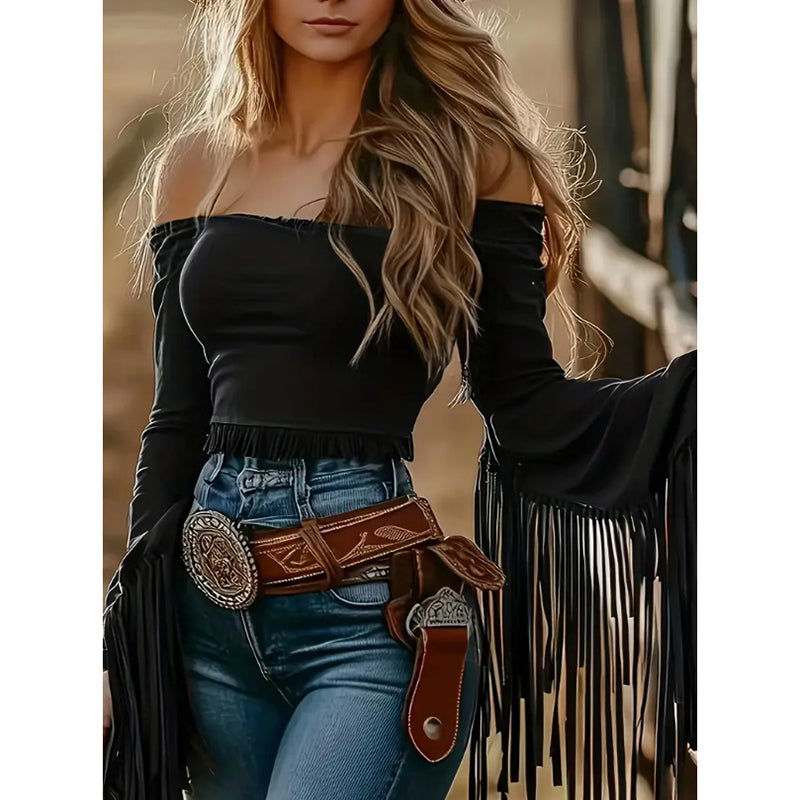 Women's Cowgirl  Fringe Trim Tops. Sexy Off Shoulder Long Sleeve T Shirts Tassel Blouse