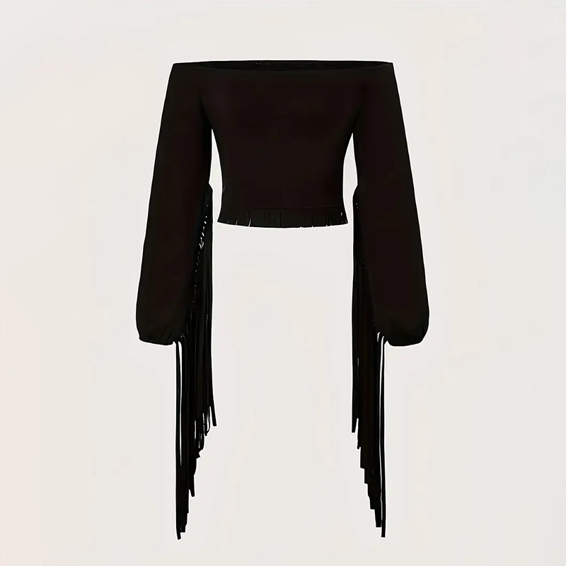 Women's Cowgirl  Fringe Trim Tops. Sexy Off Shoulder Long Sleeve T Shirts Tassel Blouse