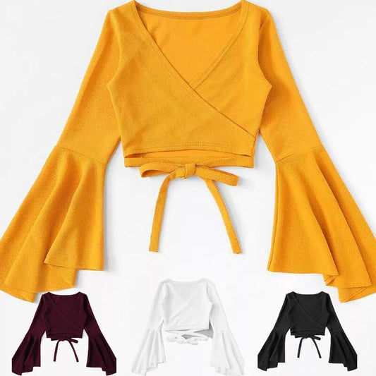 Flared Sleeve Lace Up Navel Exposed Long Sleeve T-Shirt For Women
