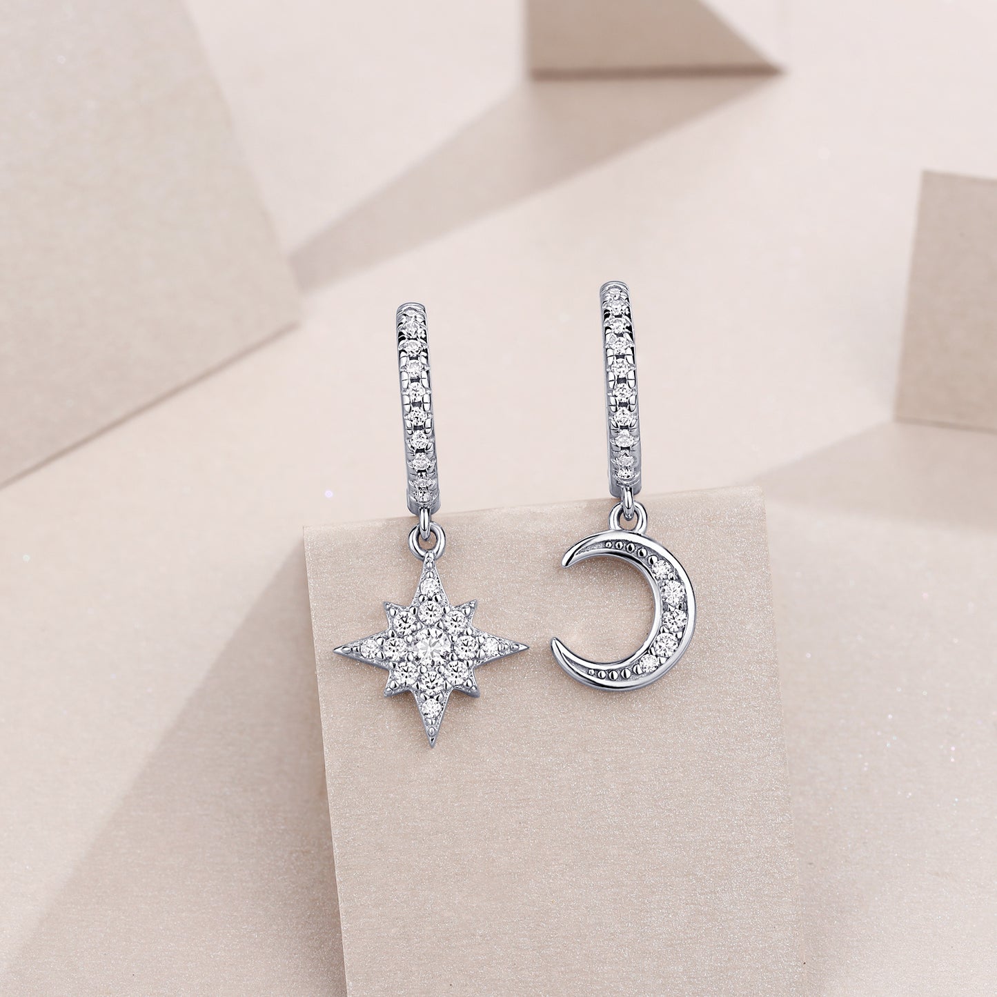 Star And Moon Interdependent Earrings. Stud Moissanite S925 Sterling Silver And Platinum-plated Diamonds Jewelry set