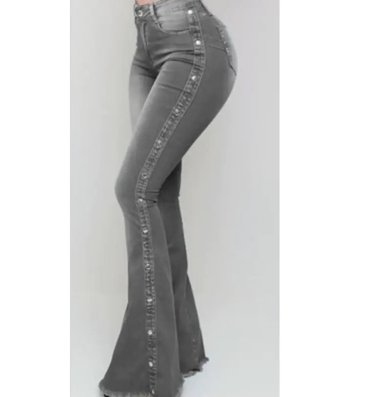 High Waist Stretch Denim Flared Pants for Women