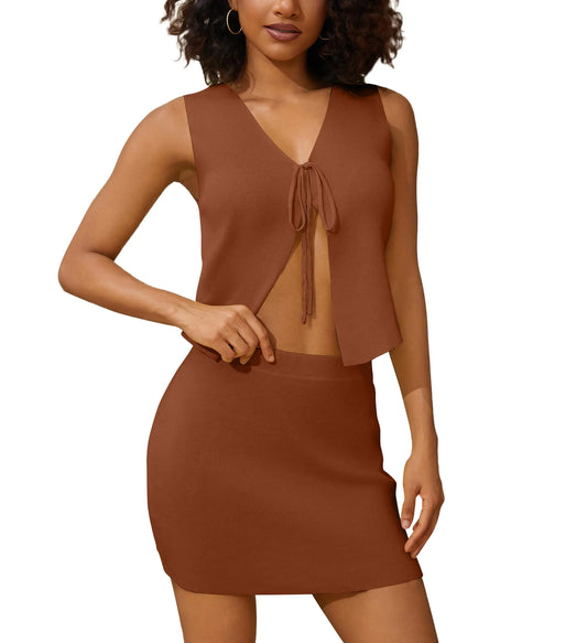 2-piece Women Sexy Knit Mini Skirts Set. Sleeeveless V Neck Slit Front Vest Top & Short Skirts Set