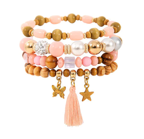 Ethnic Wooden Bead Tassel Bracelet Set