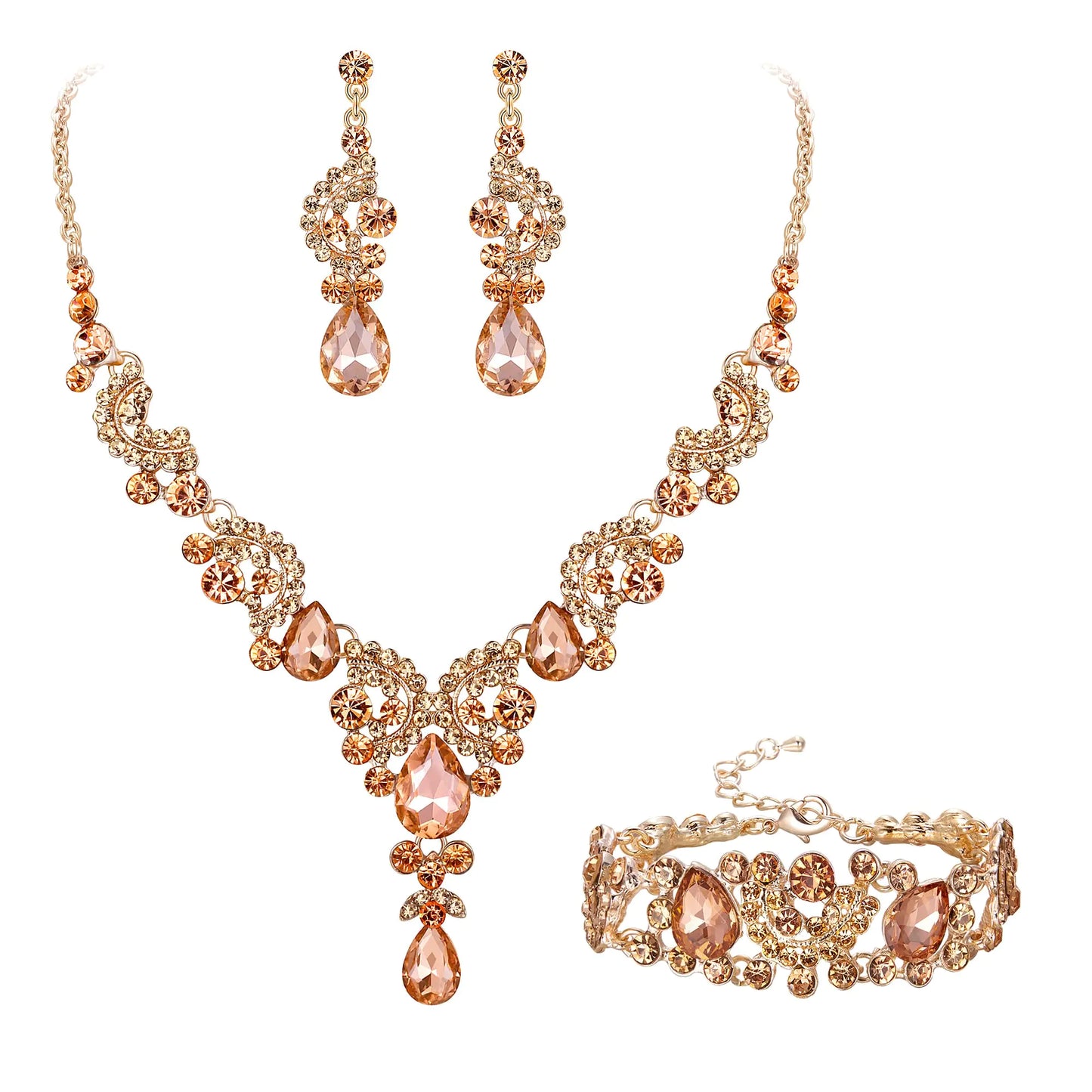 EVER FAITH Wedding Jewerly for Bride. Rhinestone Crystal Art Deco Floral Teardrop Bridal Necklace Earrings Bracelet Set