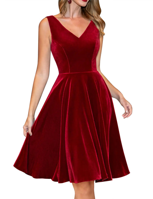 Womens V Neck Velvet Dress. Flared A-line Party Dresses, Short Formal Dress for women.