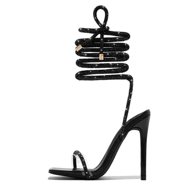 Gold Crystal Ankle Strap Open Toe Heels for Women