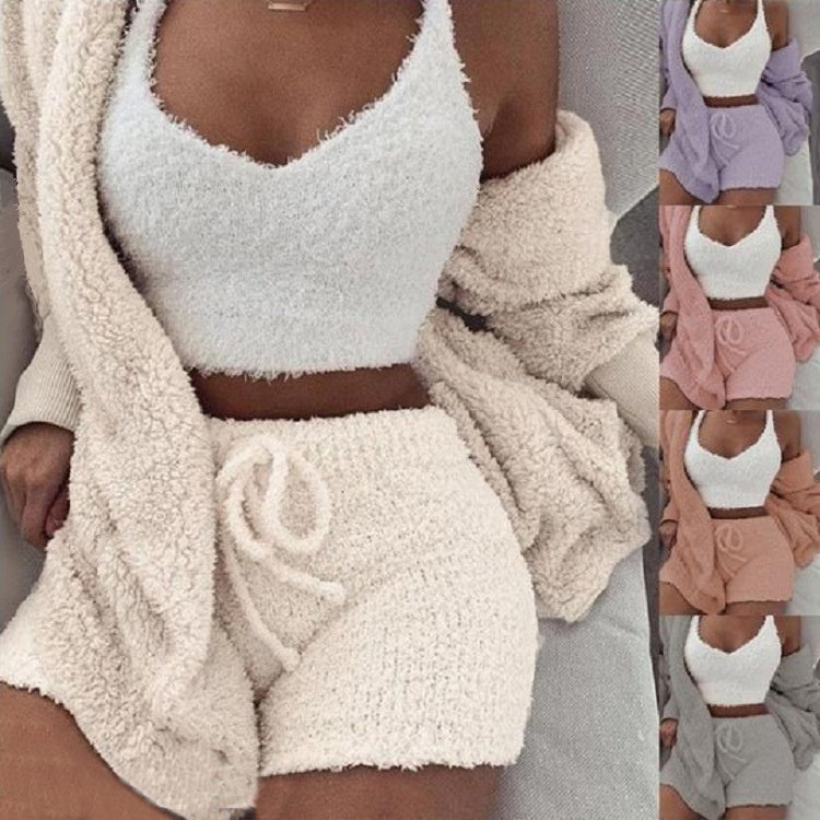 3pcs Womens Long Sleeve Crop Tank Top Clothing, Pajama Set