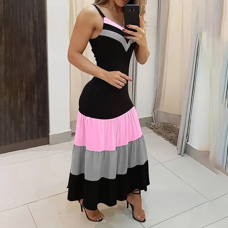 Women's Summer Casual Sleeveless Dress. V Neck Color Block Spaghetti Strap Maxi Long Dress