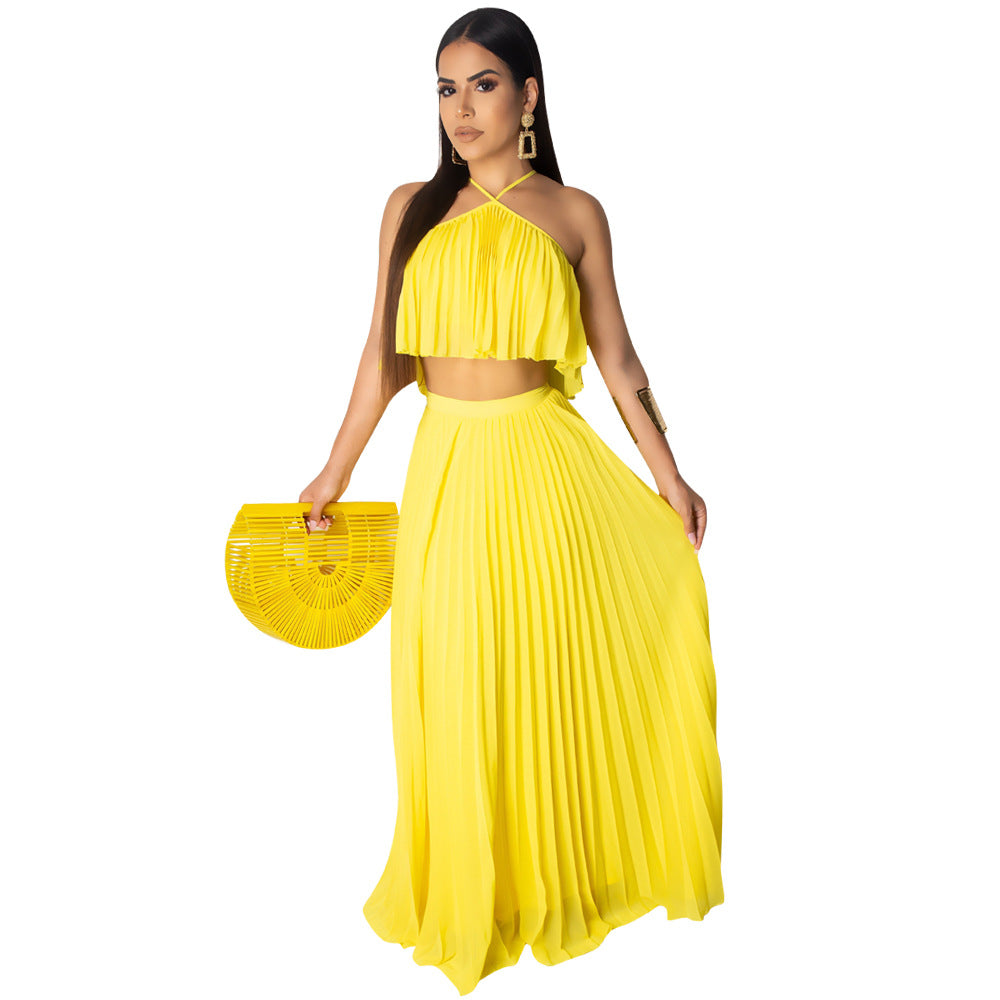Chic Chiffon Ruched Two-Piece Dress Set in Stock