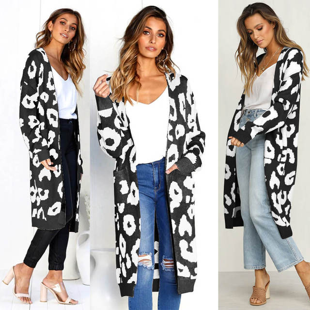 Women's Leopard Knitted Long Sleeve Cardigan Sweater