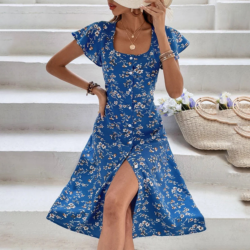 Summer Floral Print Maxi Dresses. Women Button Up Split Flowy Bohemian Beach Party Dress