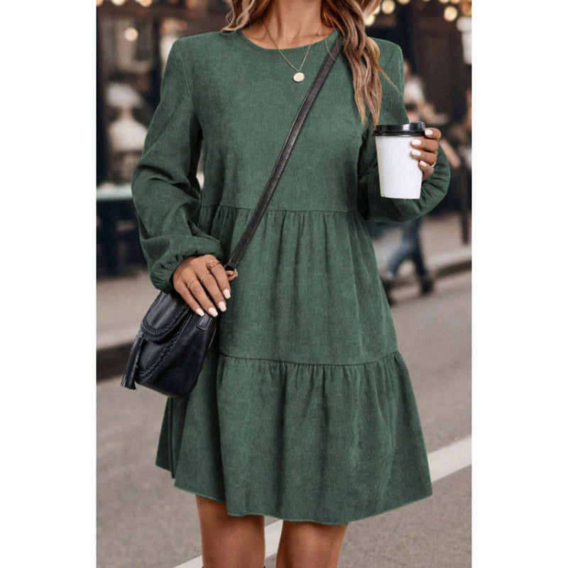 Women's Corduroy Mini Dress - Fall Winter A-Line Long Sleeve Dress, Round Neck