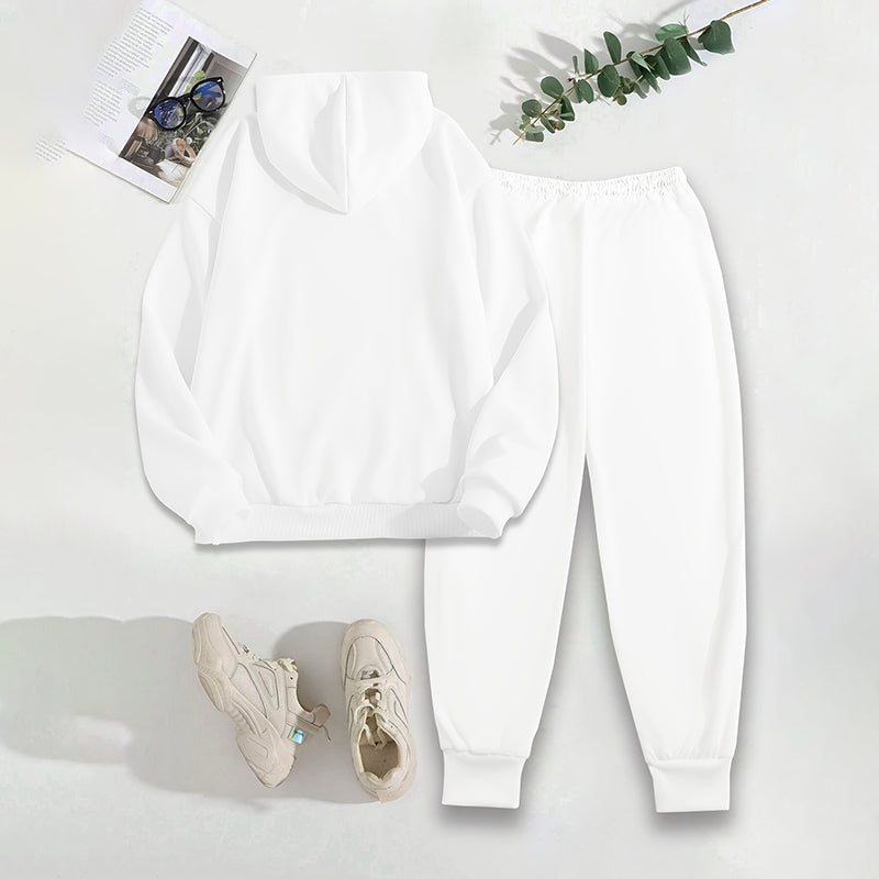 Solid 2-Piece Letter Print Hoodie With Pocket & Drawstring Jogger Pants, Casual Tracksuit for women